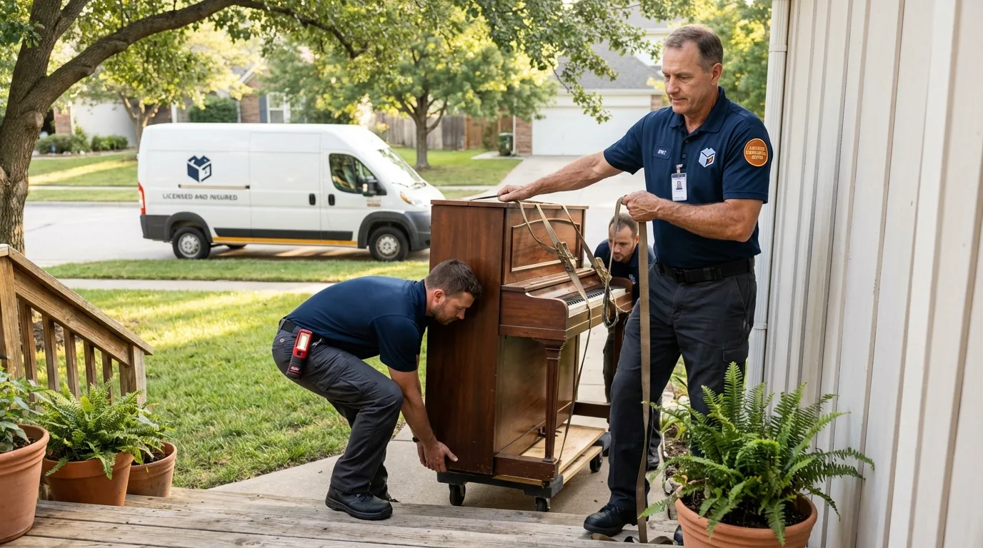 Licensed piano movers securing grand piano in Winfield, WV