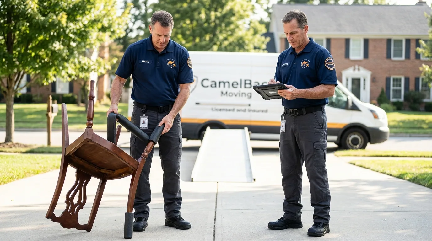 Movers inspecting furniture for damage prevention before loading in Winfield, WV