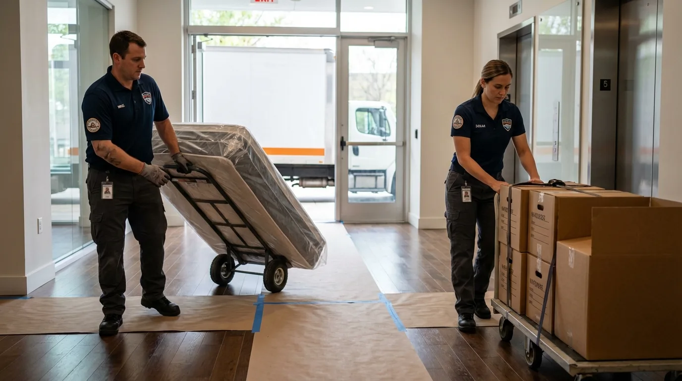 Professional apartment movers loading elevator in Winfield, WV