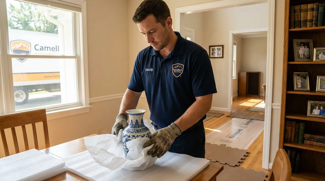 Professional crew carefully wrapping antique vase for senior downsizing move in Winfield, WV